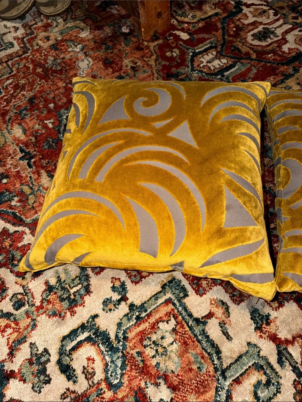 Source Unknown Mustard Yellow Velvet Accent Pillow Pair with Taupe Cutout Design